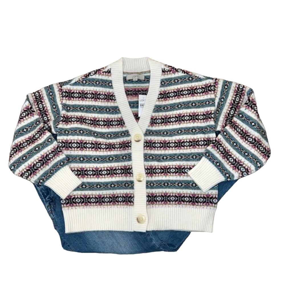 **NWT LOFT Ivory Fair Isle Relaxed Button Front Cardigan Sweater